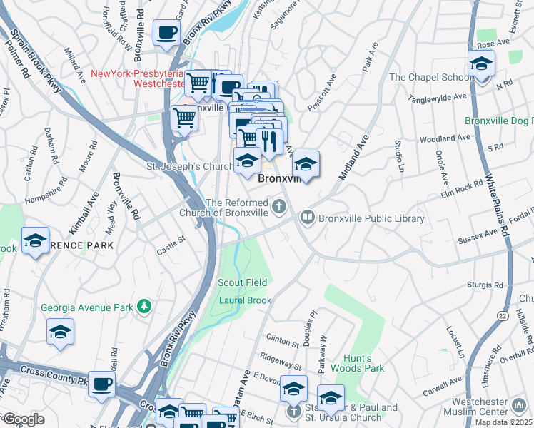 map of restaurants, bars, coffee shops, grocery stores, and more near 6 Kraft Avenue in Bronxville