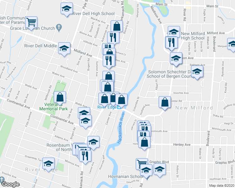 map of restaurants, bars, coffee shops, grocery stores, and more near 817 Park Avenue in River Edge