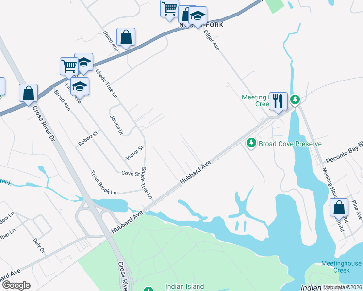 map of restaurants, bars, coffee shops, grocery stores, and more near 57 Zion Street in Riverhead