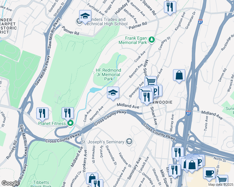 map of restaurants, bars, coffee shops, grocery stores, and more near 120 Bennett Avenue in Yonkers