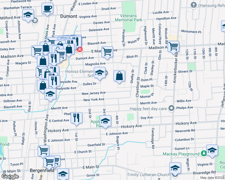 map of restaurants, bars, coffee shops, grocery stores, and more near 175 New Jersey Avenue in Bergenfield