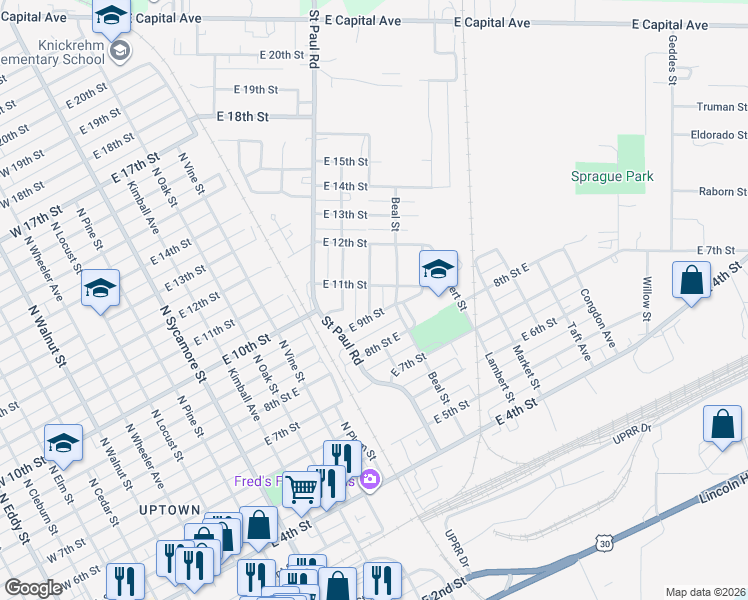 map of restaurants, bars, coffee shops, grocery stores, and more near 915 Poplar Street in Grand Island