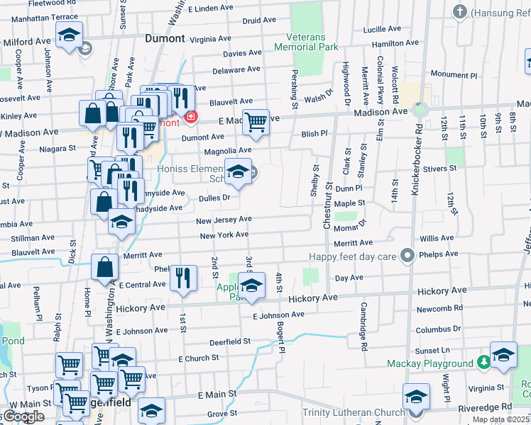 map of restaurants, bars, coffee shops, grocery stores, and more near 175 New Jersey Avenue in Bergenfield