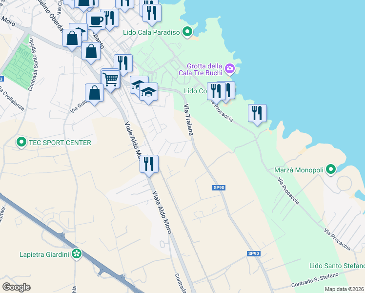 map of restaurants, bars, coffee shops, grocery stores, and more near 1b Via Cosimo Turi in Città Metropolitana di Bari
