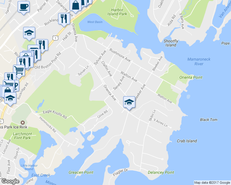 map of restaurants, bars, coffee shops, grocery stores, and more near 714 Orienta Avenue in Mamaroneck