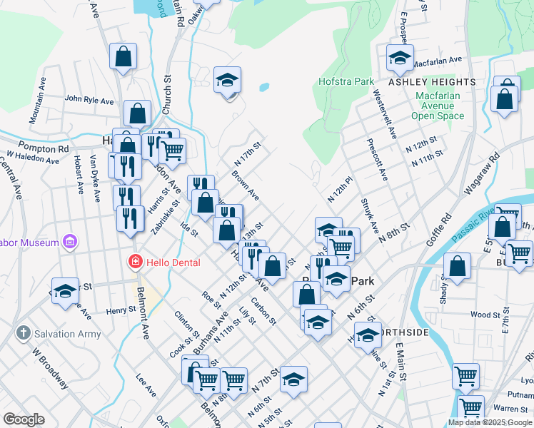 map of restaurants, bars, coffee shops, grocery stores, and more near 191 Brown Avenue in Prospect Park