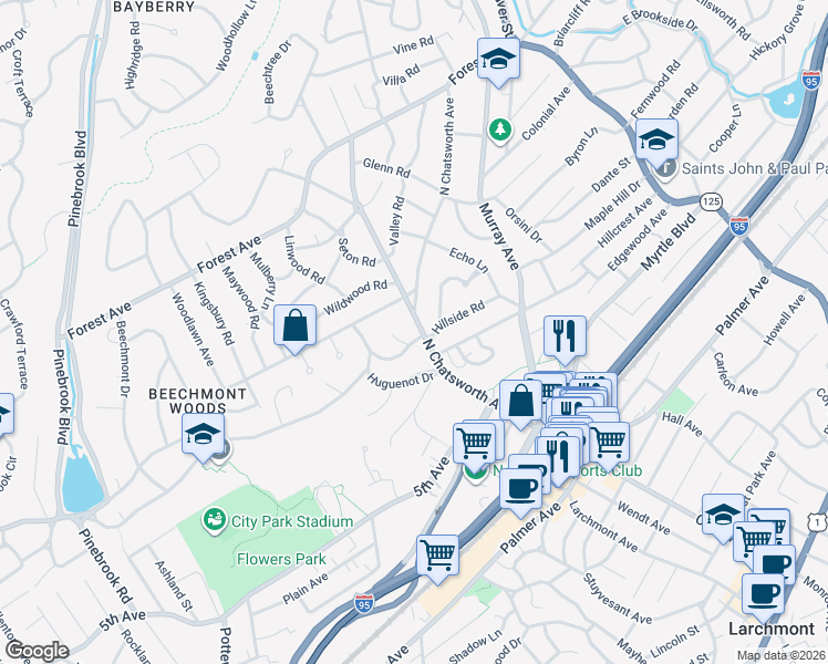map of restaurants, bars, coffee shops, grocery stores, and more near 2 Rochelle Road in Larchmont