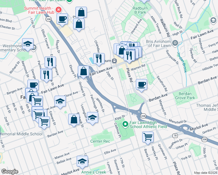 map of restaurants, bars, coffee shops, grocery stores, and more near 22 Lowe Avenue in Fair Lawn