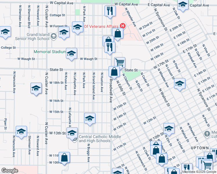 map of restaurants, bars, coffee shops, grocery stores, and more near 1720 North Broadwell Avenue in Grand Island
