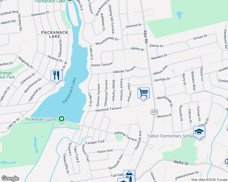 map of restaurants, bars, coffee shops, grocery stores, and more near 46 Elmwood Terrace in Wayne