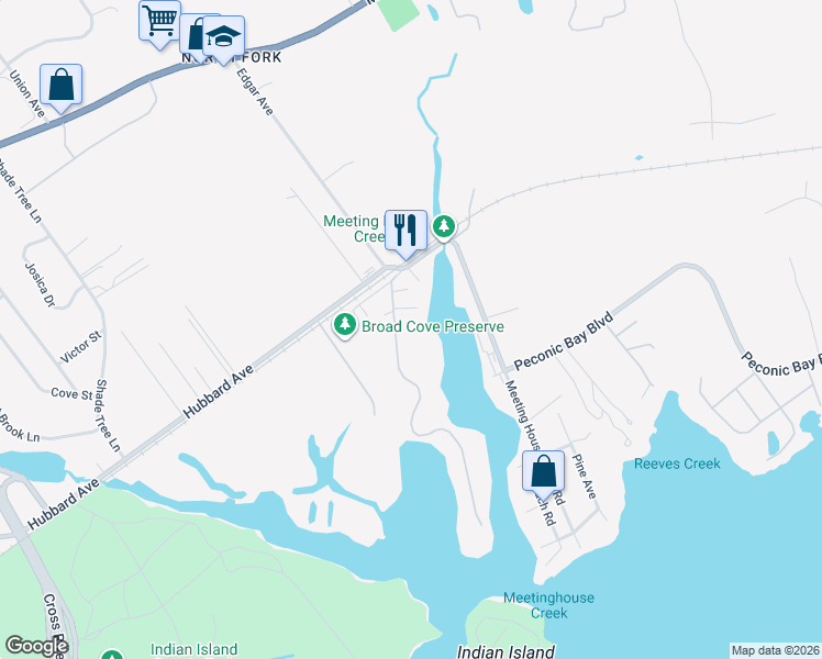 map of restaurants, bars, coffee shops, grocery stores, and more near 46 Overlook Drive in Riverhead