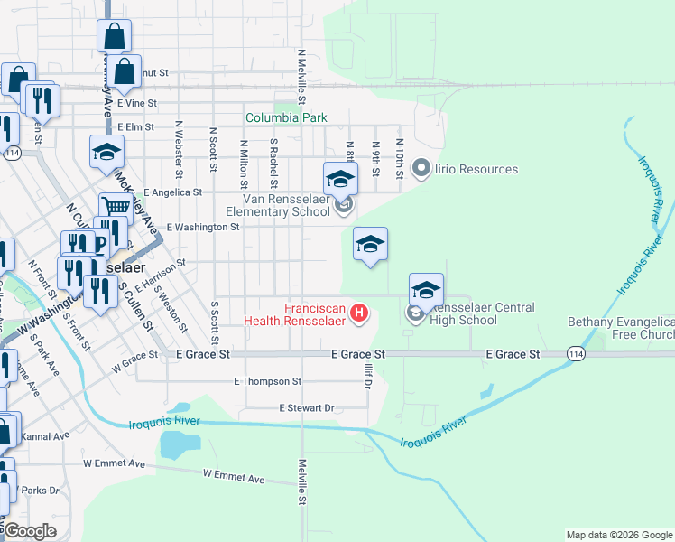 map of restaurants, bars, coffee shops, grocery stores, and more near 969 East B-Mar Drive in Rensselaer