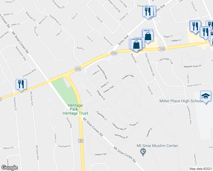 map of restaurants, bars, coffee shops, grocery stores, and more near 8 Shelly Lane in Mount Sinai