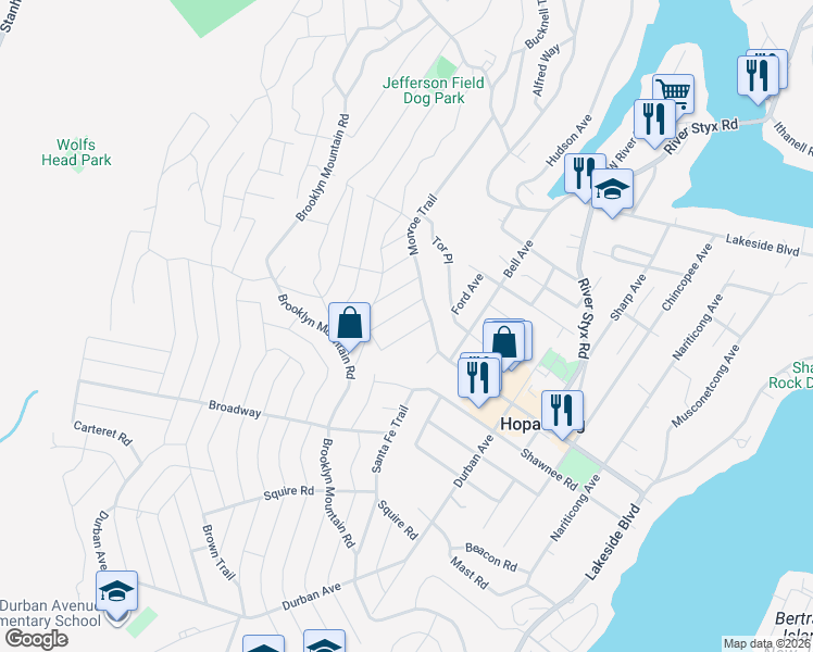 map of restaurants, bars, coffee shops, grocery stores, and more near 5 Pennsylvania Avenue in Hopatcong