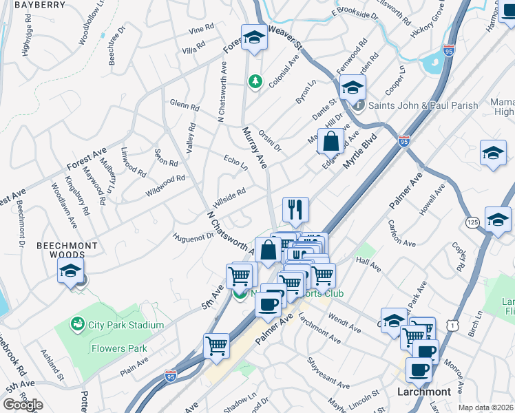 map of restaurants, bars, coffee shops, grocery stores, and more near 89 Edgewood Avenue in Larchmont