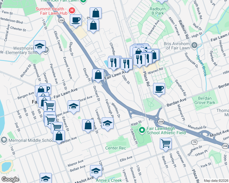 map of restaurants, bars, coffee shops, grocery stores, and more near 13-16 Eastern Drive in Fair Lawn