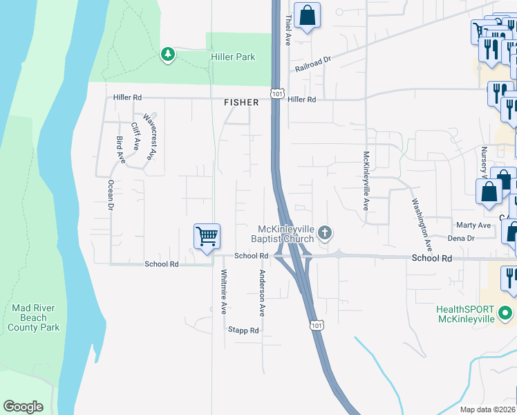 map of restaurants, bars, coffee shops, grocery stores, and more near 1728 Anderson Avenue in McKinleyville