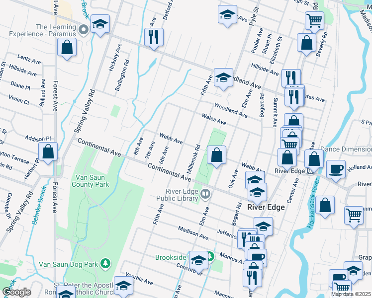 map of restaurants, bars, coffee shops, grocery stores, and more near 279 Webb Avenue in River Edge