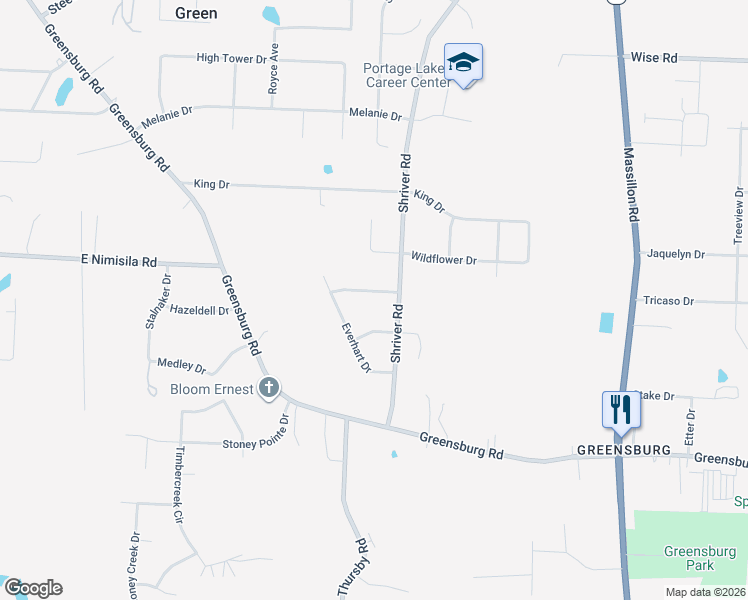 map of restaurants, bars, coffee shops, grocery stores, and more near 1638 Cottonwood Drive in North Canton