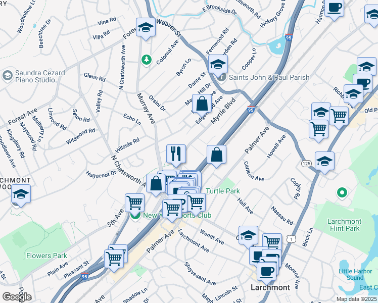 map of restaurants, bars, coffee shops, grocery stores, and more near 8 Cabot Road in Larchmont