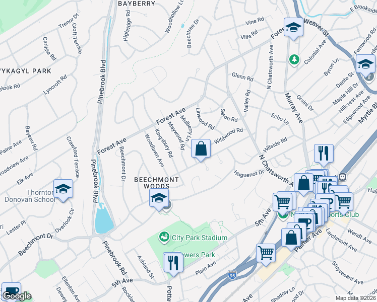 map of restaurants, bars, coffee shops, grocery stores, and more near 21 Maywood Road in New Rochelle