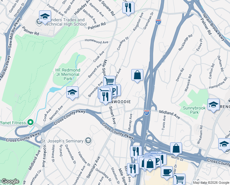 map of restaurants, bars, coffee shops, grocery stores, and more near 15 Cerone Avenue in Yonkers