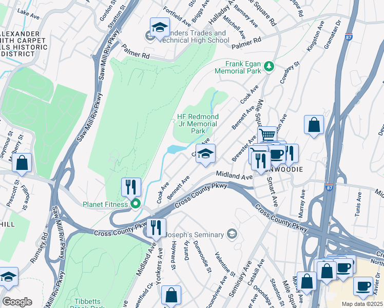 map of restaurants, bars, coffee shops, grocery stores, and more near 100 Cook Avenue in Yonkers