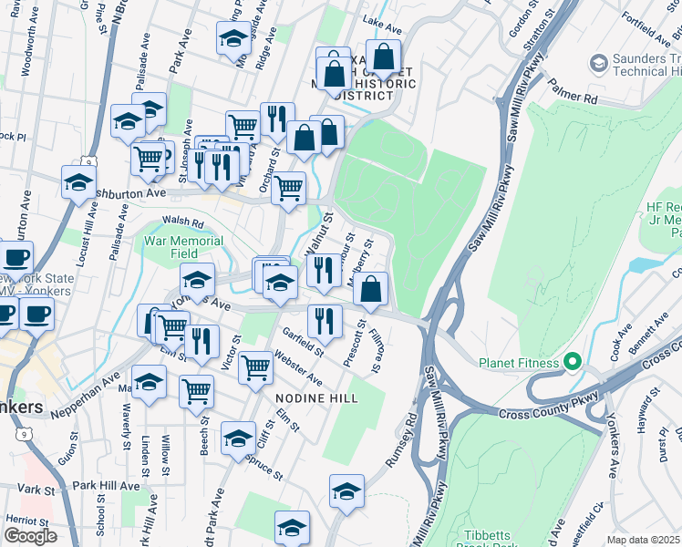 map of restaurants, bars, coffee shops, grocery stores, and more near 11 Seymour Street in Yonkers