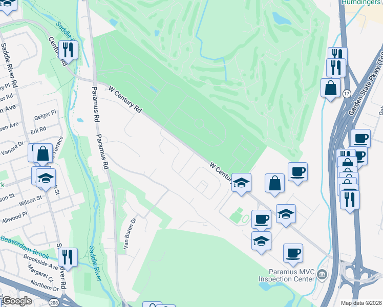 map of restaurants, bars, coffee shops, grocery stores, and more near 20 Thistle Drive in Paramus