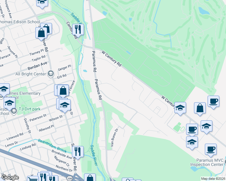 map of restaurants, bars, coffee shops, grocery stores, and more near 36 Johnson Court in Paramus
