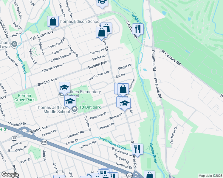 map of restaurants, bars, coffee shops, grocery stores, and more near 39-21 Van Riper Place in Fair Lawn