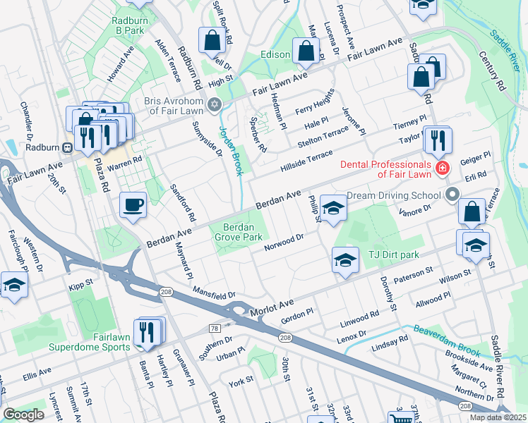 map of restaurants, bars, coffee shops, grocery stores, and more near 11-01 Malcolm Terrace in Fair Lawn