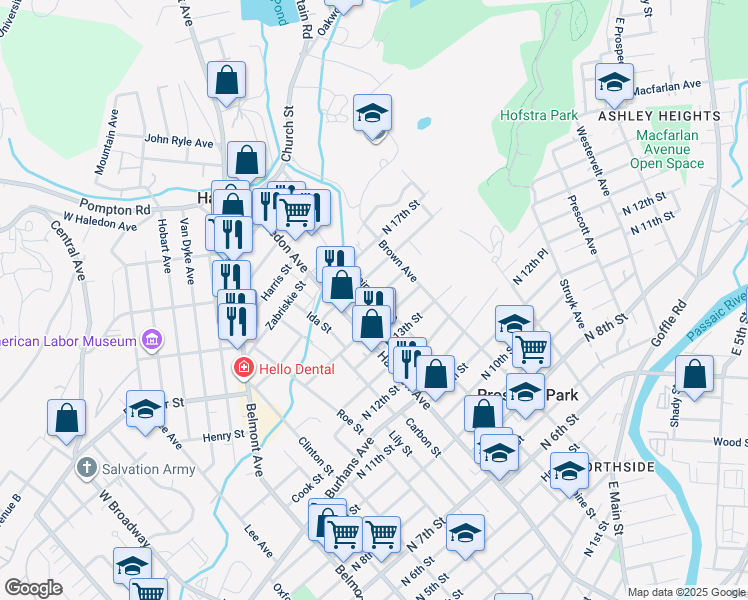 map of restaurants, bars, coffee shops, grocery stores, and more near 85 North 15th Street in Prospect Park
