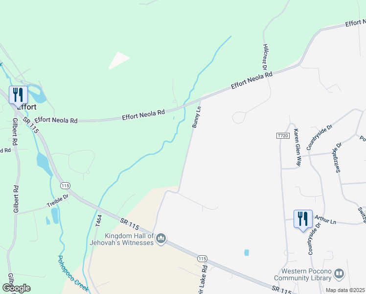 map of restaurants, bars, coffee shops, grocery stores, and more near 2 Bunny Ln in Brodheadsville