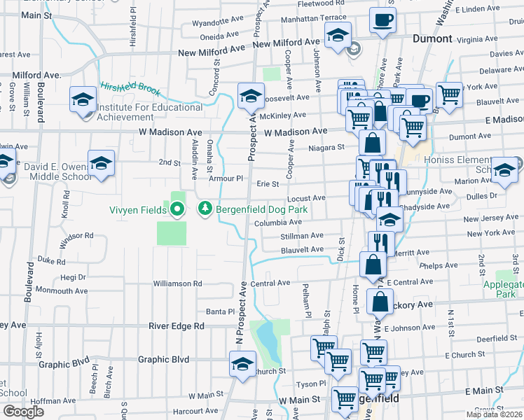 map of restaurants, bars, coffee shops, grocery stores, and more near 14 Fern Avenue in Dumont