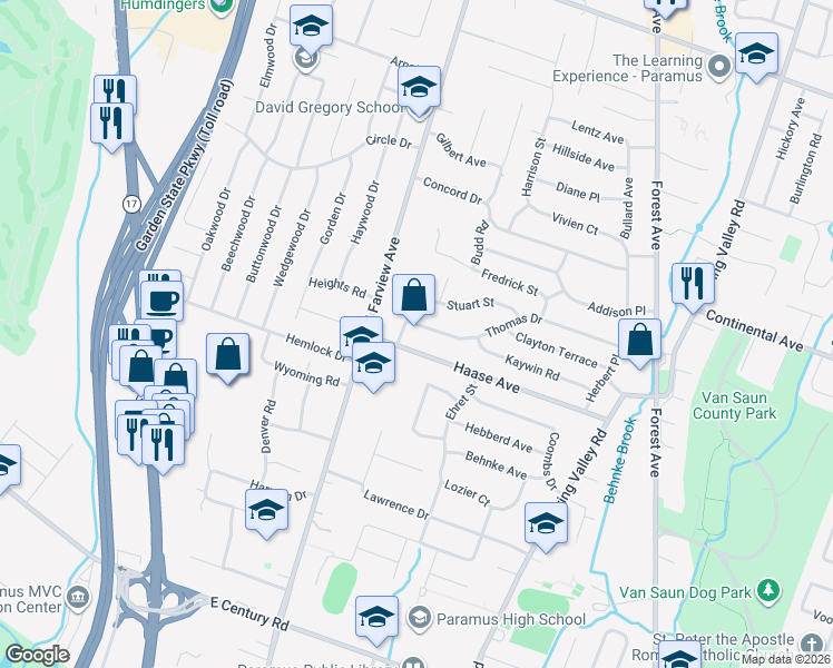 map of restaurants, bars, coffee shops, grocery stores, and more near 127 Henry Street in Paramus