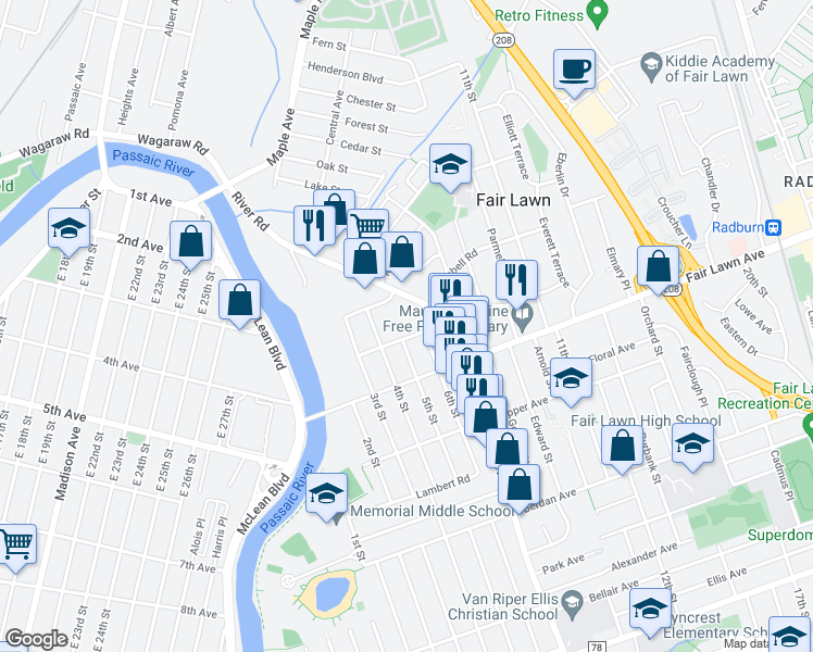 map of restaurants, bars, coffee shops, grocery stores, and more near 5-01 Bergen Avenue in Fair Lawn