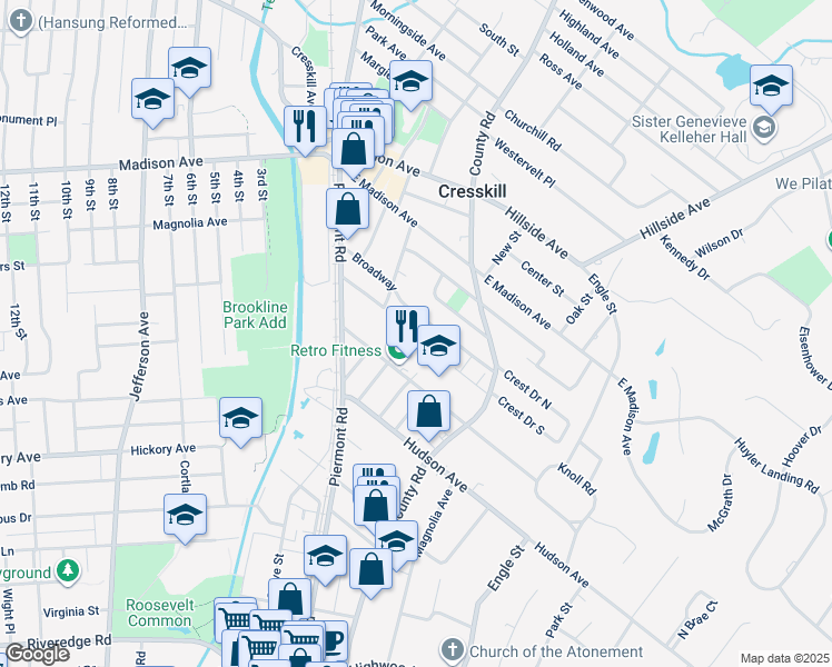 map of restaurants, bars, coffee shops, grocery stores, and more near 130 Broadway in Cresskill