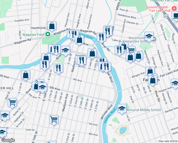 map of restaurants, bars, coffee shops, grocery stores, and more near 105 East 24th Street in Paterson