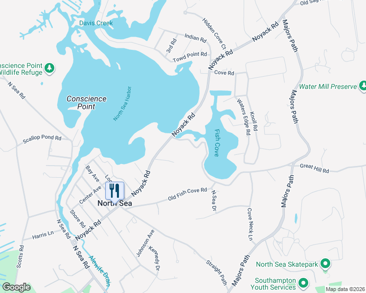 map of restaurants, bars, coffee shops, grocery stores, and more near 12 Fish Cove Road in Southampton