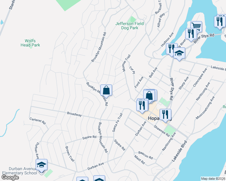 map of restaurants, bars, coffee shops, grocery stores, and more near 15 East Madison Trail in Hopatcong