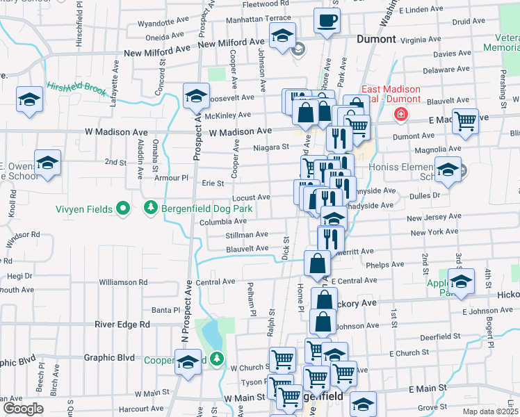 map of restaurants, bars, coffee shops, grocery stores, and more near 15 Bergman Terrace in Dumont