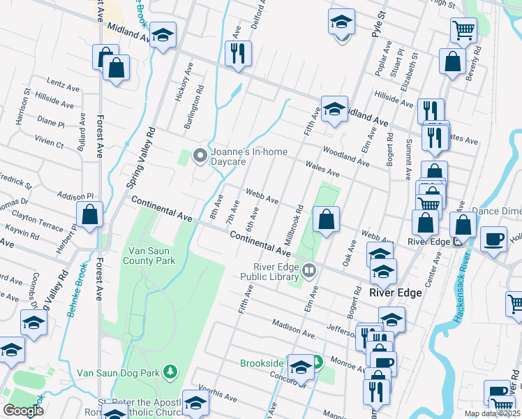 map of restaurants, bars, coffee shops, grocery stores, and more near 738 6th Avenue in River Edge