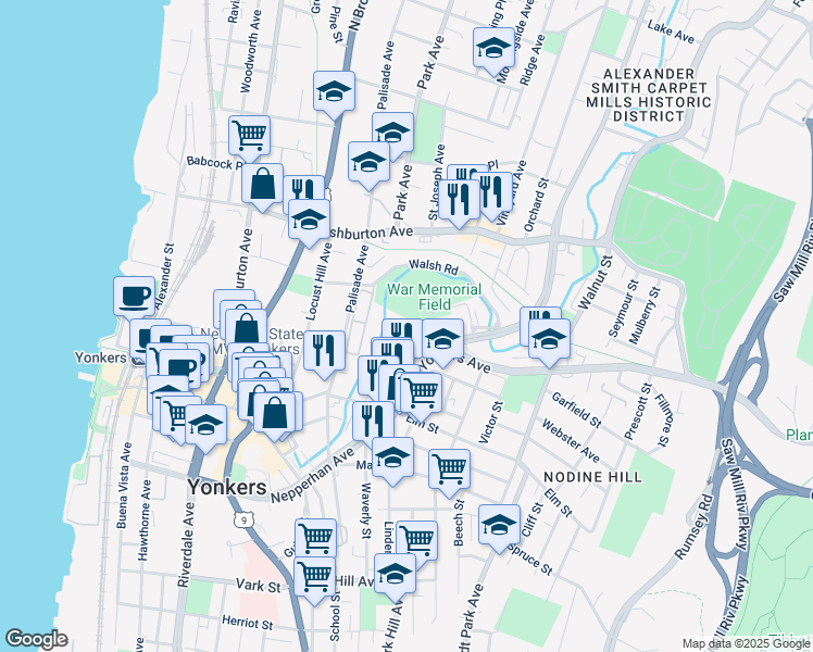 map of restaurants, bars, coffee shops, grocery stores, and more near 70 Saint Casimir Avenue in Yonkers