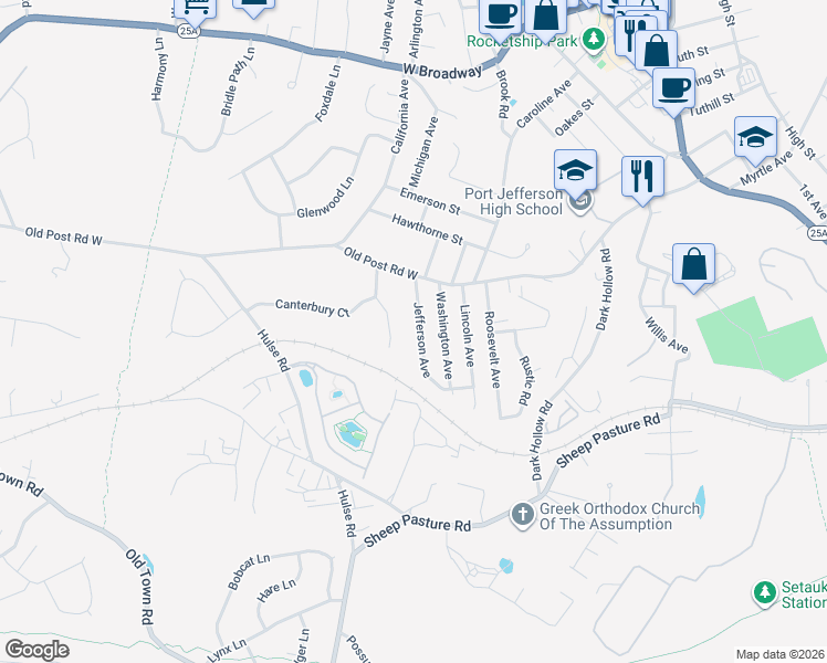 map of restaurants, bars, coffee shops, grocery stores, and more near 108 Jefferson Ave in Port Jefferson