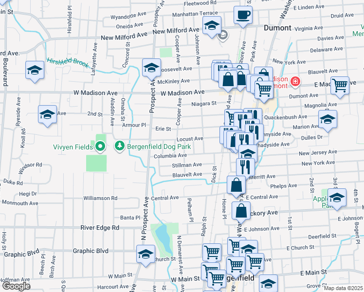 map of restaurants, bars, coffee shops, grocery stores, and more near 15 Cooper Avenue in Dumont