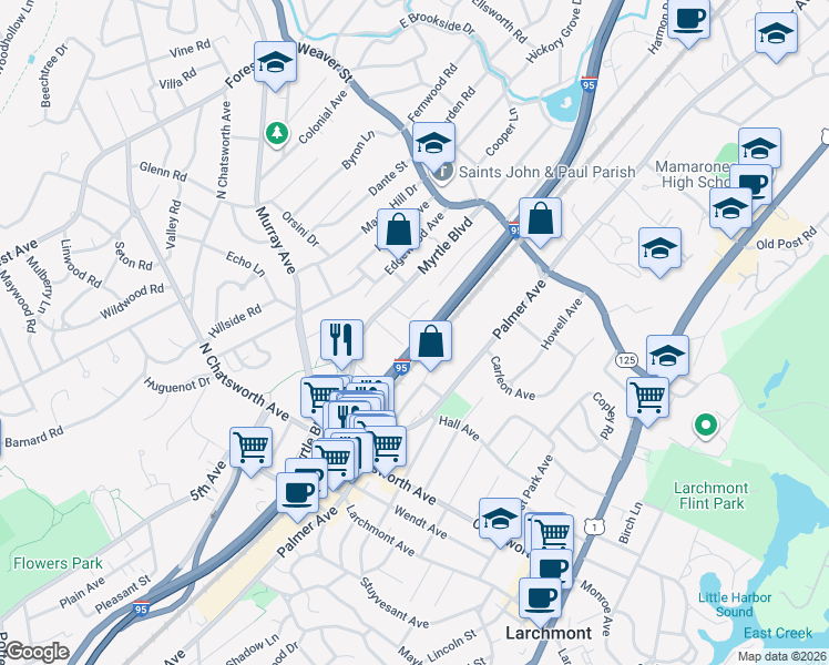map of restaurants, bars, coffee shops, grocery stores, and more near 2 Woodland Avenue in Larchmont