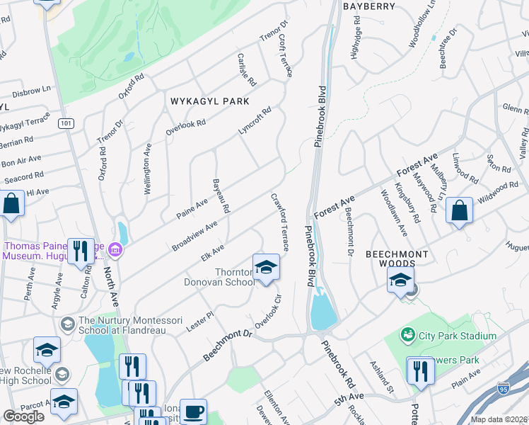 map of restaurants, bars, coffee shops, grocery stores, and more near 240 Elk Avenue in New Rochelle