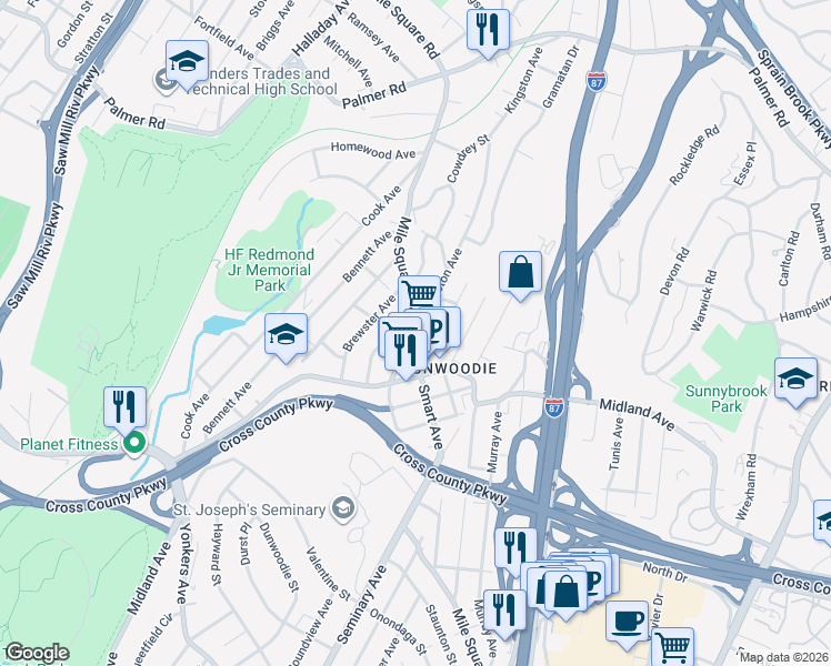 map of restaurants, bars, coffee shops, grocery stores, and more near Mile Square Road in Yonkers