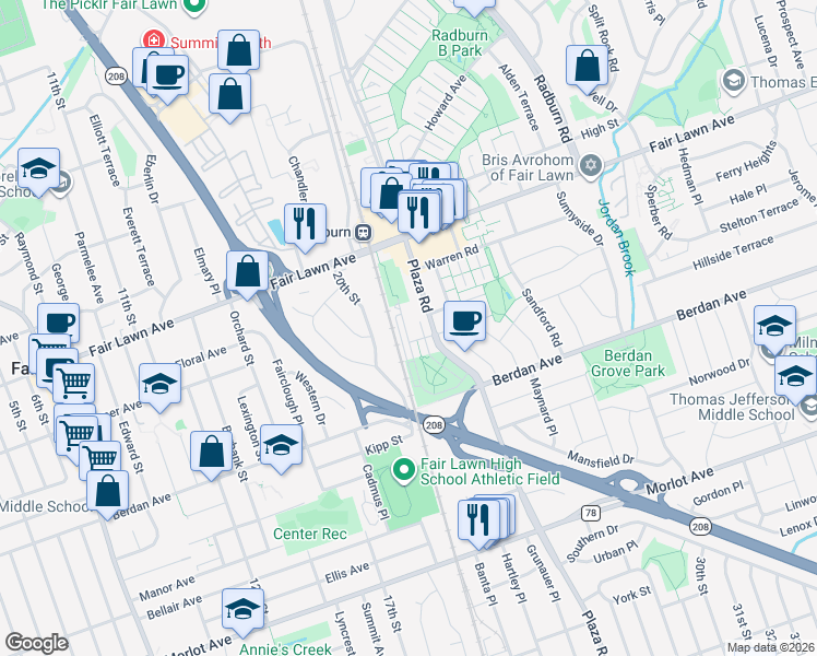 map of restaurants, bars, coffee shops, grocery stores, and more near 77 Landmark Lane in Fair Lawn